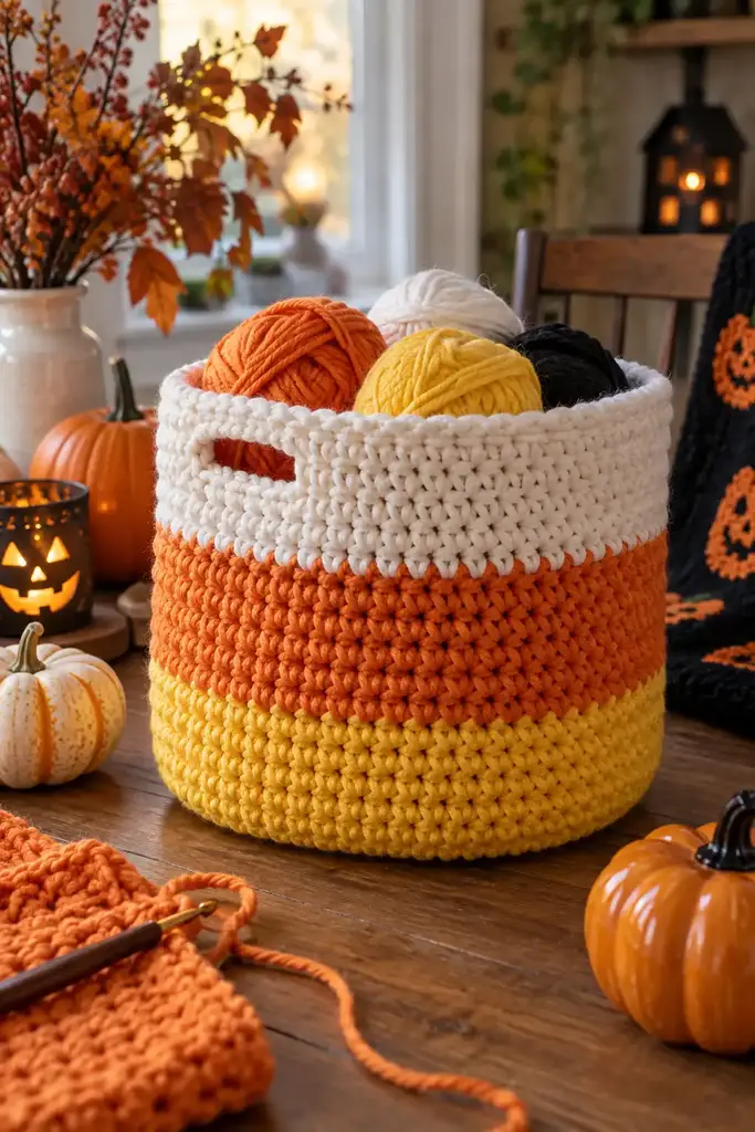 Hand crocheted storage basket with white, orange and yellow candy corn stripes filled with yarn