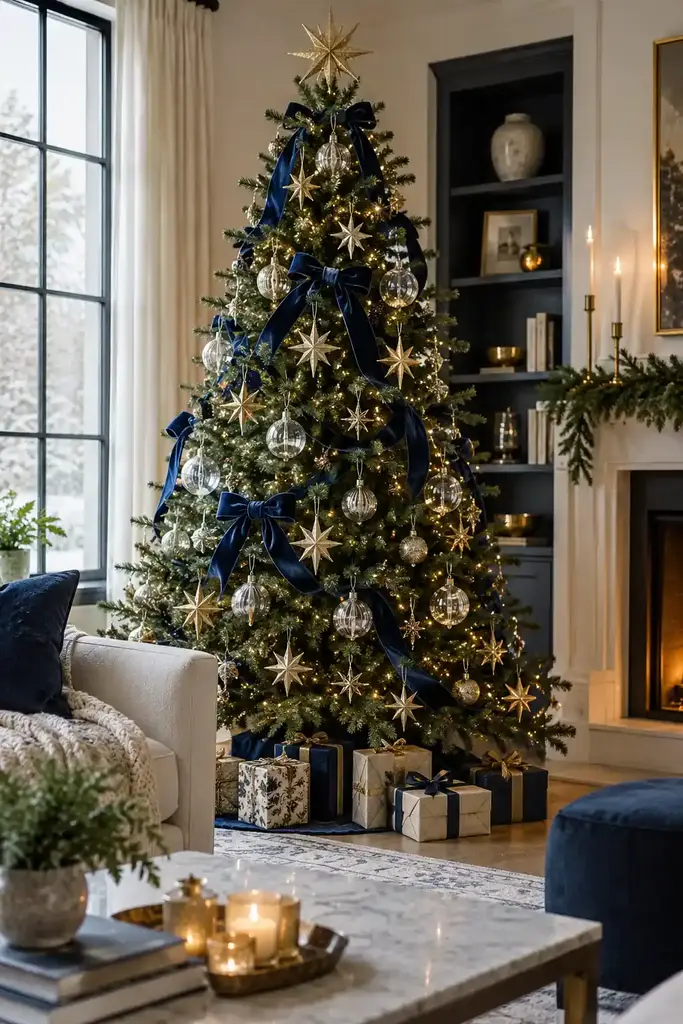 Navy velvet ribbon crosses branches filled with gold stars and clear ornaments