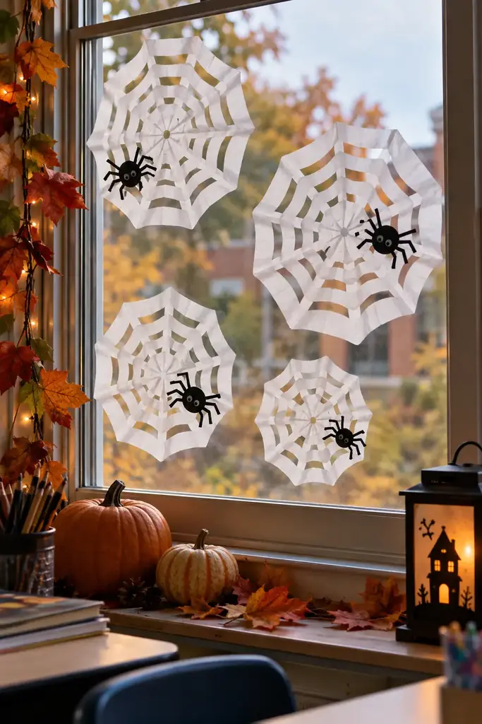 White coffee filter spiderwebs with tiny paper spiders on a classroom window