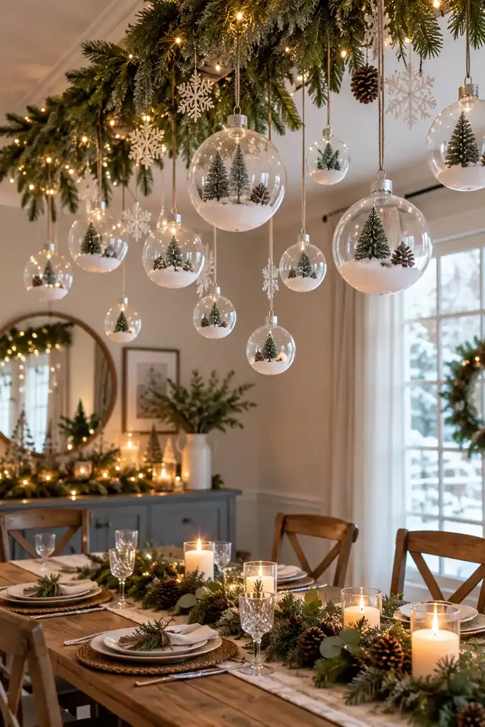 Clear baubles contain small trees and white decorative snow