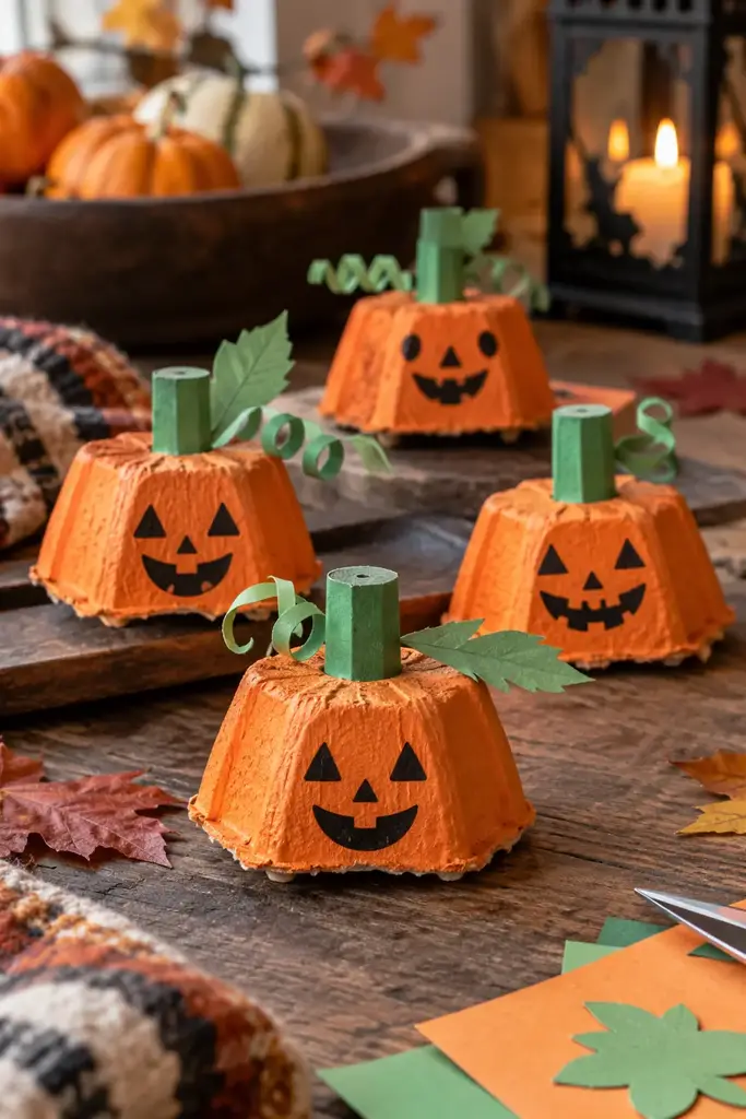 Small orange pumpkins made from recycled egg carton cups with green paper stems
