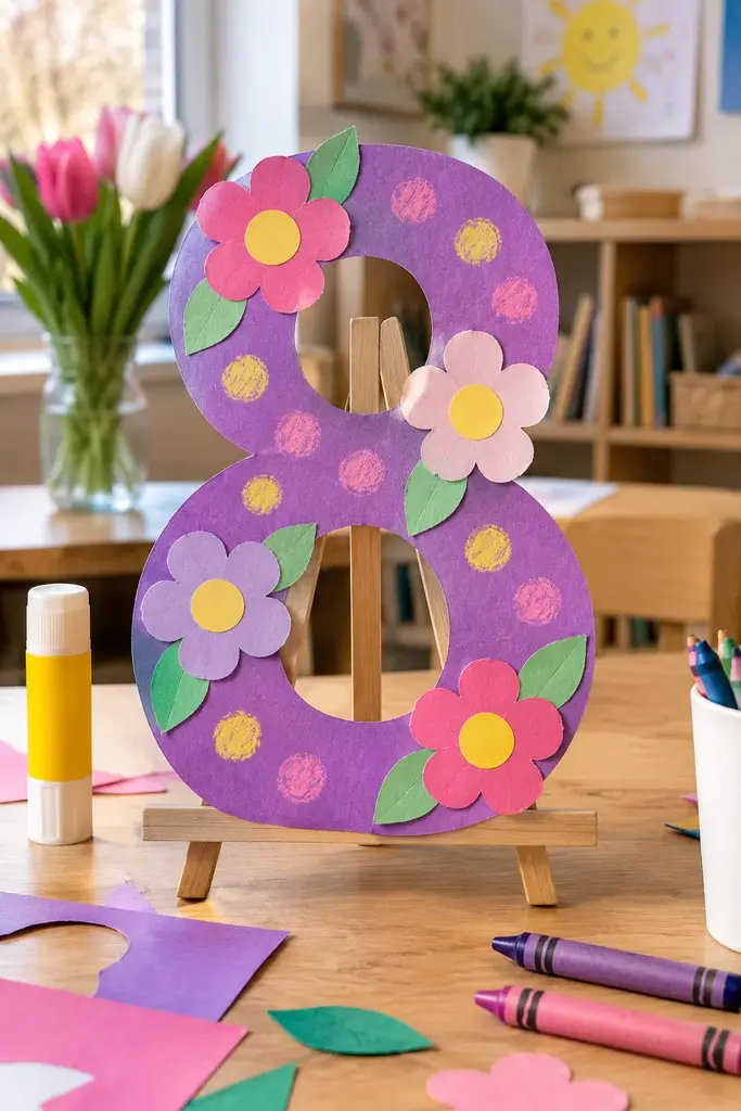 Large number 8 cut from purple cardstock and decorated with paper flowers for March 8 Women's Day