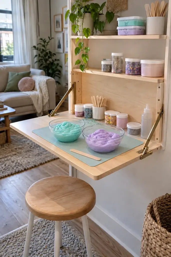 Fold away wall mounted slime station with a drop down table and stored supplies