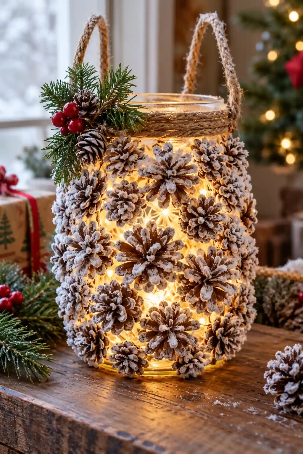 Frosted Glass Pinecones DIY Christmas lanterns ideas