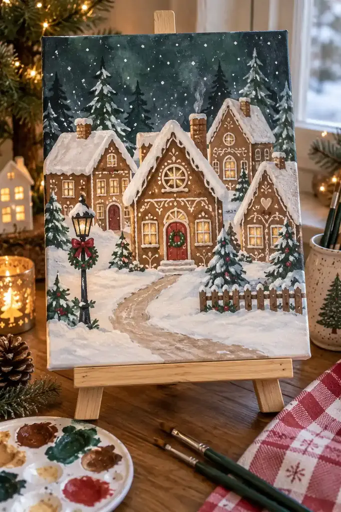 Brown cottages with white roofs border a winding snowy path