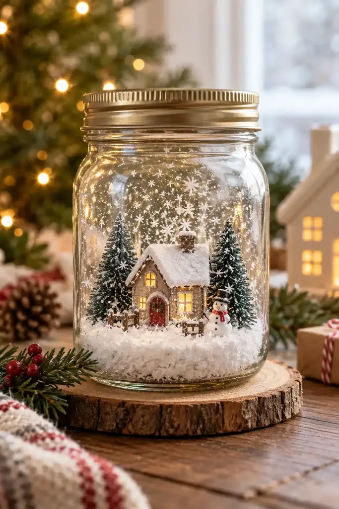 A small house and evergreen trees fill a lidded glass jar