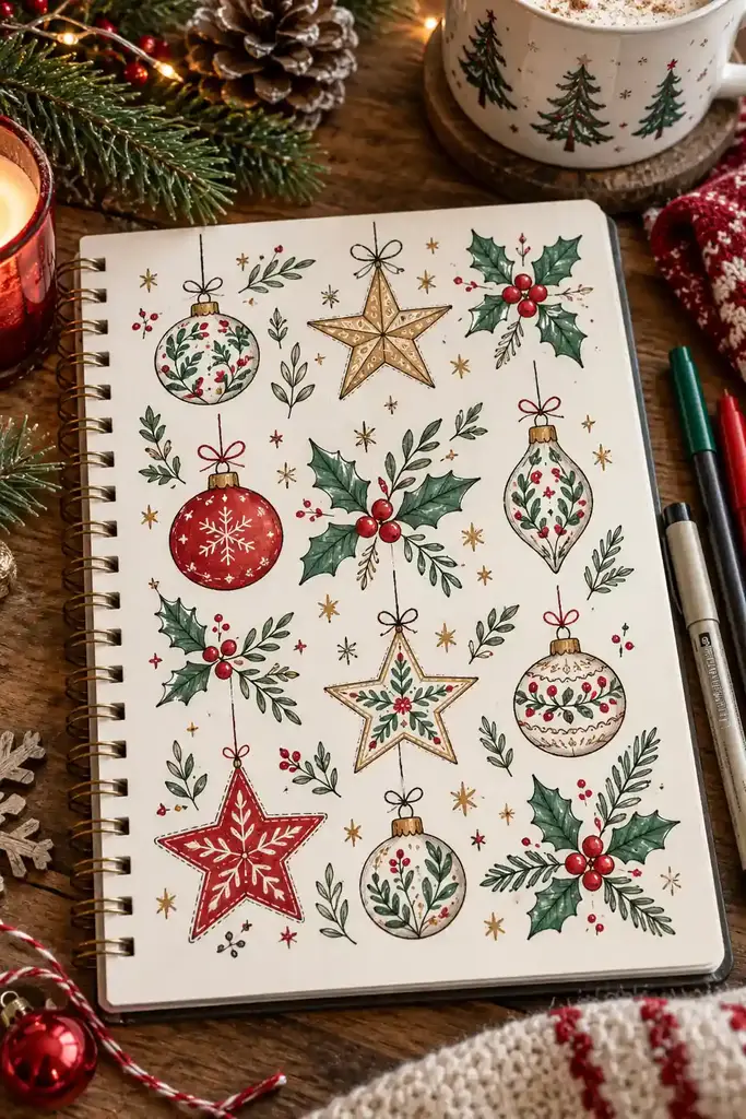 Holly, stars, and ornament Christmas doodles in red and green