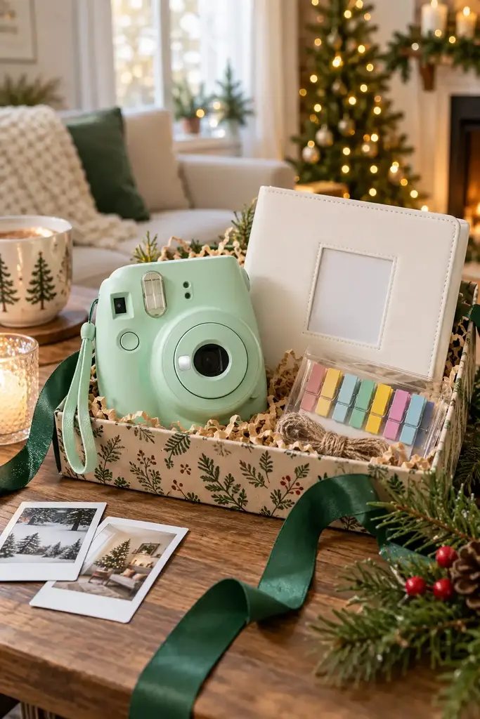 Mint green instant camera with a white photo album and colorful photo clips in a gift box