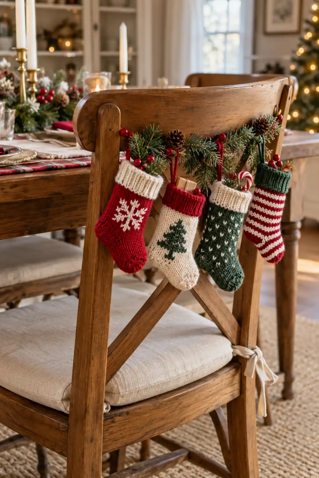 Knitted Mini Stockings Christmas chair decoration ideas