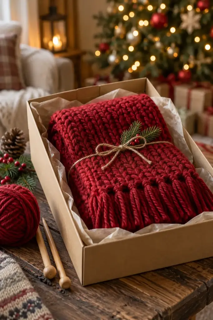 Chunky red knitted scarf with fringe folded in a kraft gift box beside yarn and knitting needles