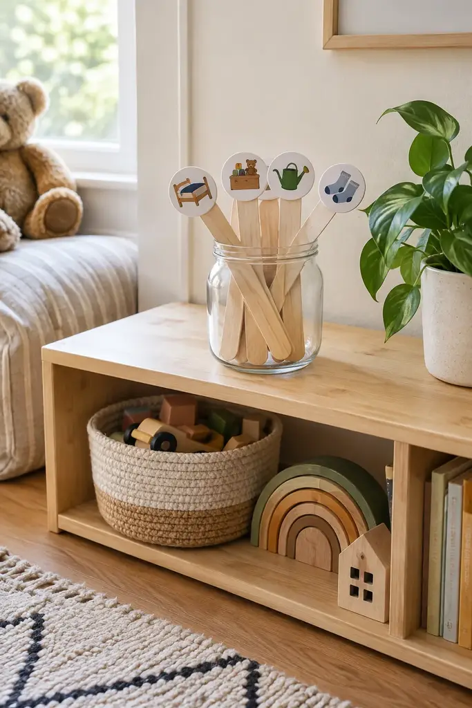 Picture chore jar for toddlers with wide wooden sticks and pictogram discs on a low Montessori shelf