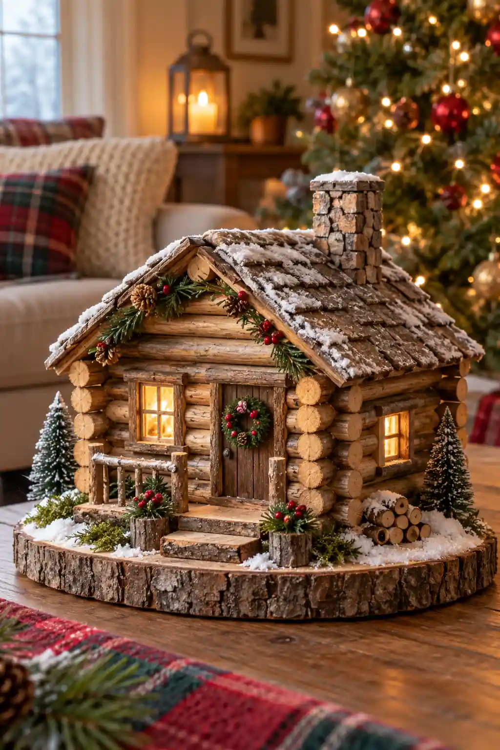 Log Cabin Miniature log Christmas decoration ideas