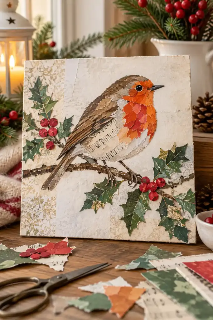 Mixed paper robin on holly collage