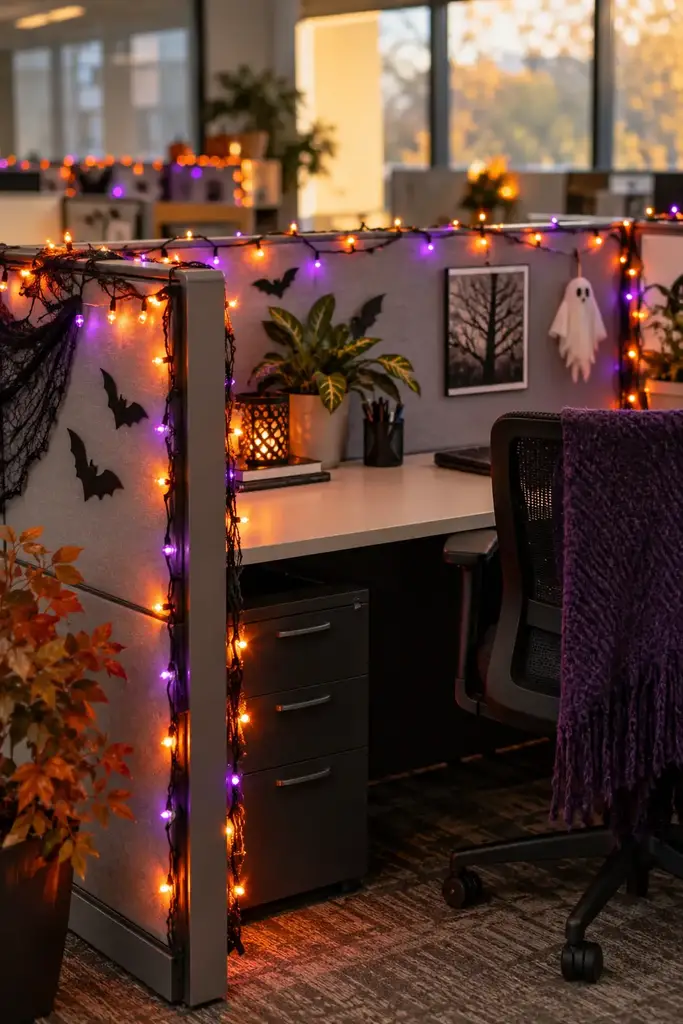 Orange and purple fairy lights around a tidy office cubicle partition