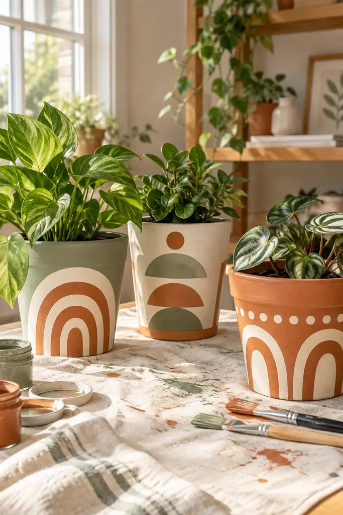 Three painted terracotta plant pots with sage, cream and terracotta arch and dot patterns