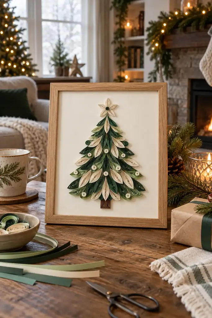 Framed paper quilled Christmas tree in green and cream with a star on top