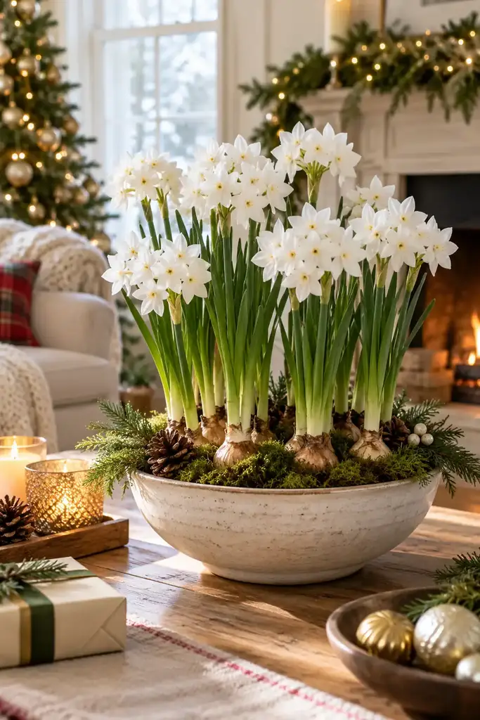 Paperwhite narcissus bulbs in a bowl