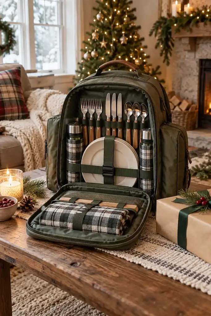 Open green picnic backpack with plates, cutlery, insulated bottles and a checkered blanket
