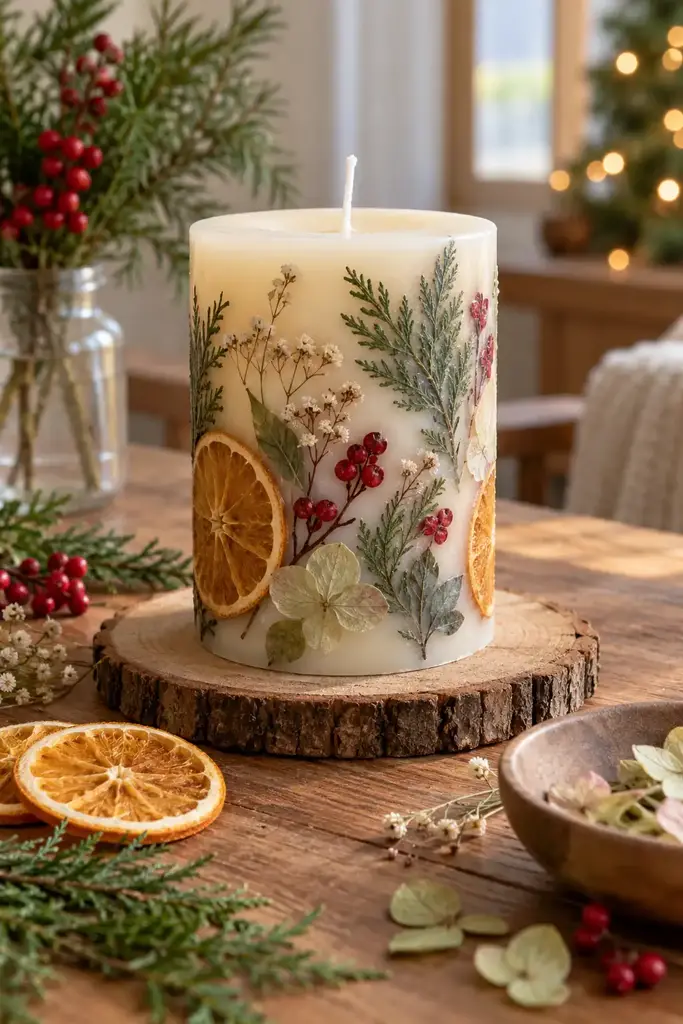 Pressed botanical wax pillar candle