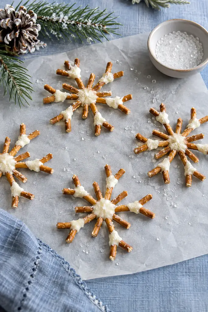 White chocolate pretzel snowflakes with six pretzel stick arms and sugar crystals on parchment