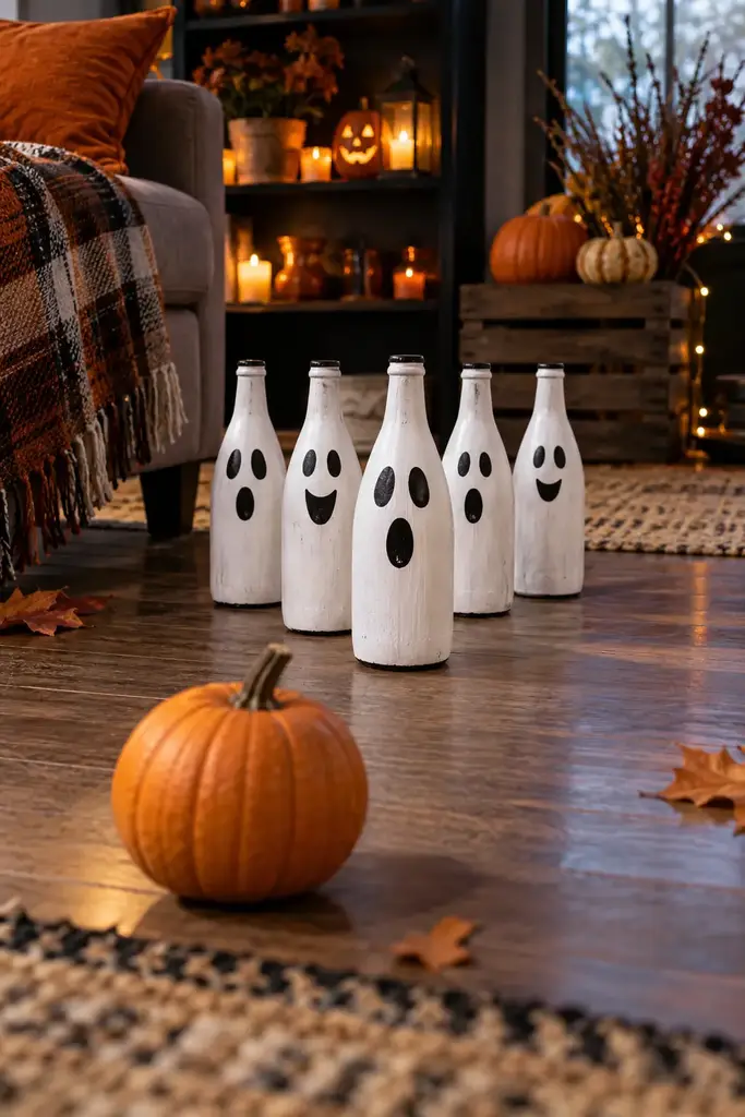 Indoor Halloween party game with a small pumpkin bowling ball and white ghost painted bottle pins