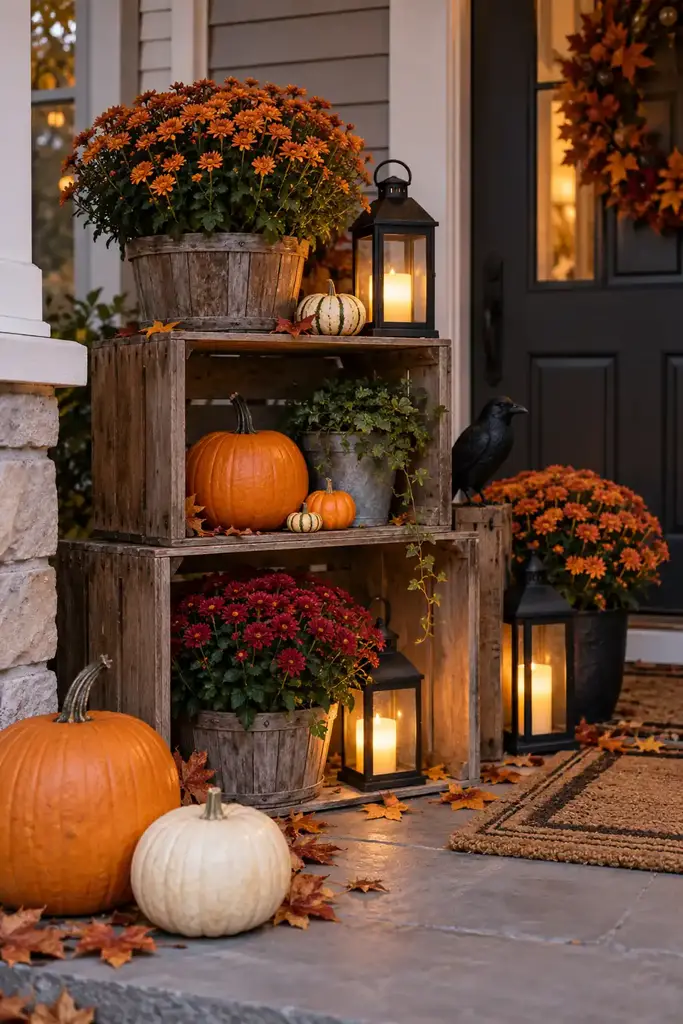 Wooden crates stacked on a porch with pumpkins, autumn mums and battery lanterns