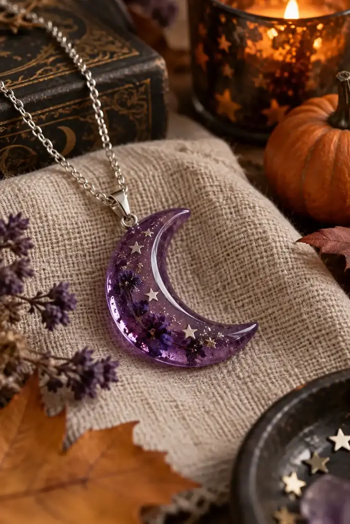 Translucent purple resin crescent moon pendant with small silver stars on linen