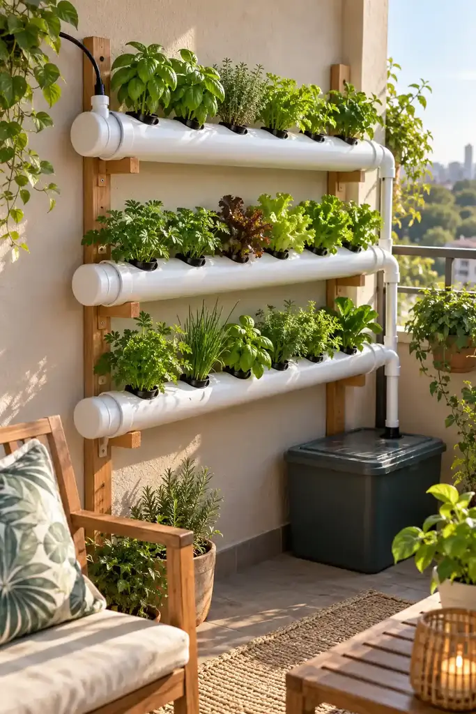Wall mounted DIY hydroponic system with three sloped white PVC pipes of herbs on cedar supports on a sunny balcony