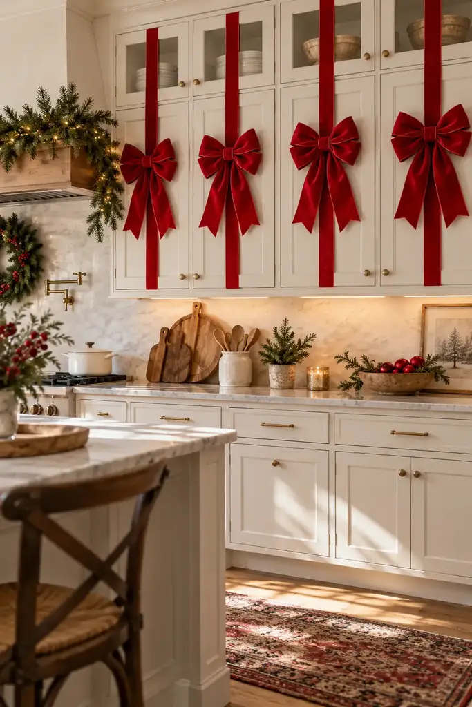 Red ribbon kitchen cabinet bows