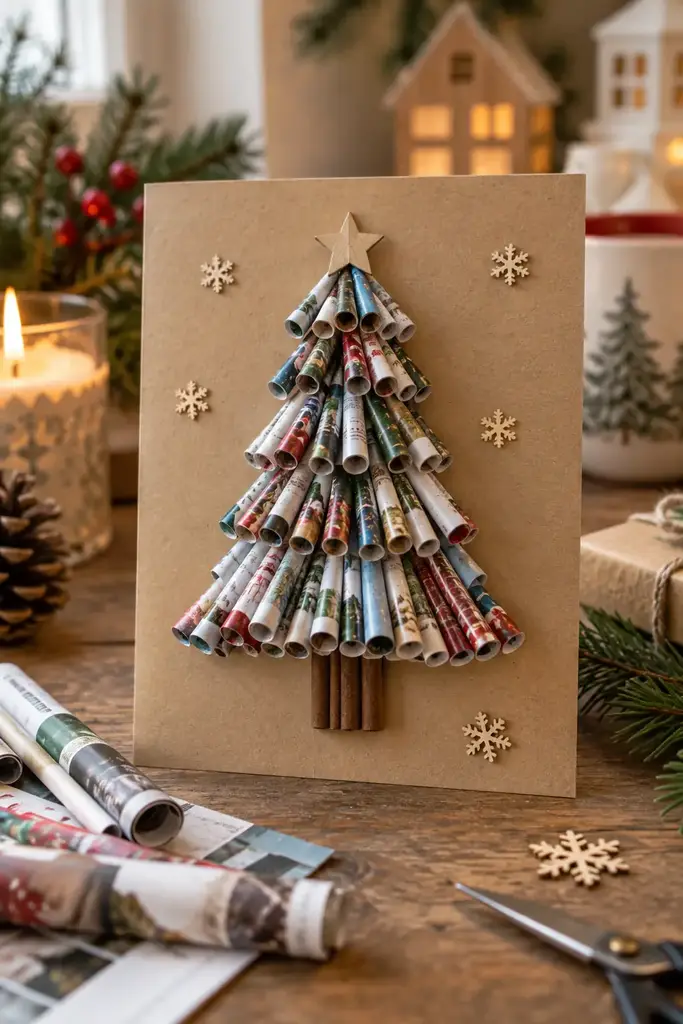 Short rolled paper tubes form branch rows on a brown card