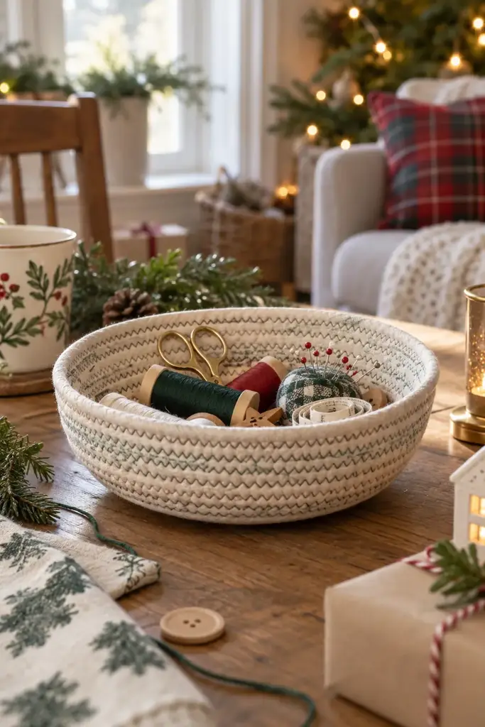White coiled cotton rope bowl with green zigzag stitching holding thread spools and scissors