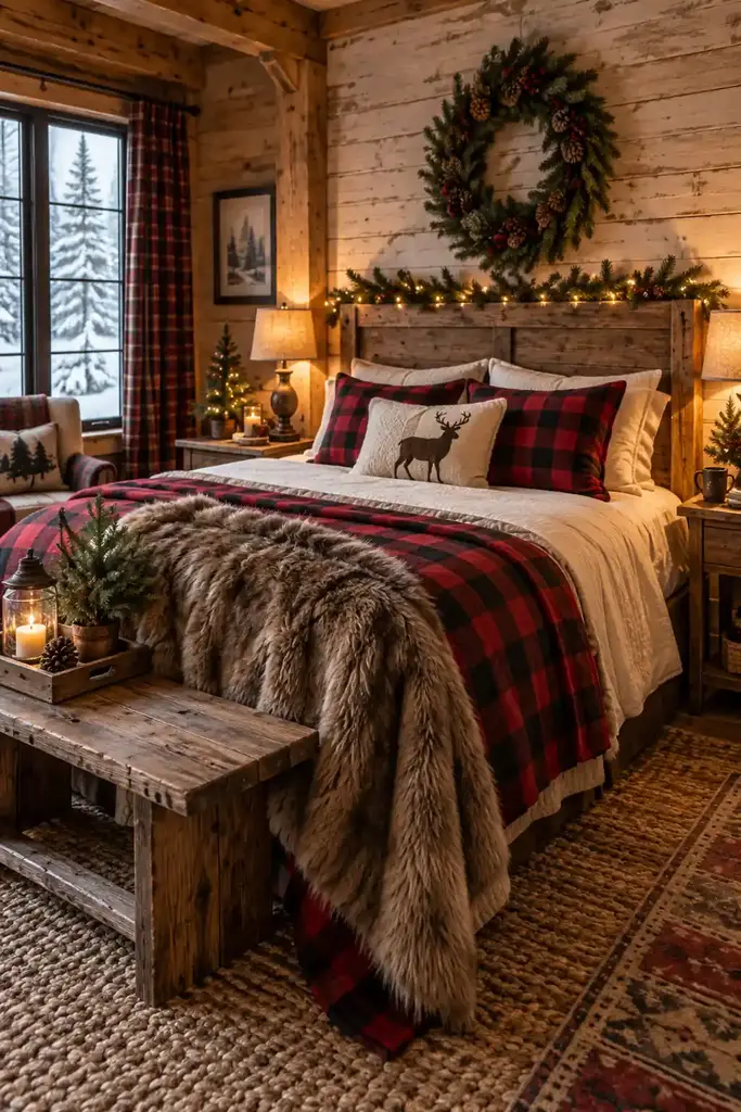 Red and black checks repeat on the blanket and cushions in this wooden bedroom