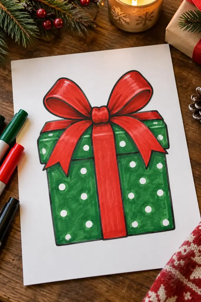 A green gift box has red ribbon crossing its front and a large bow above it
