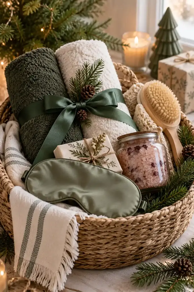 Woven spa gift hamper with green and cream towels, a bath brush, bath salts and a satin eye mask