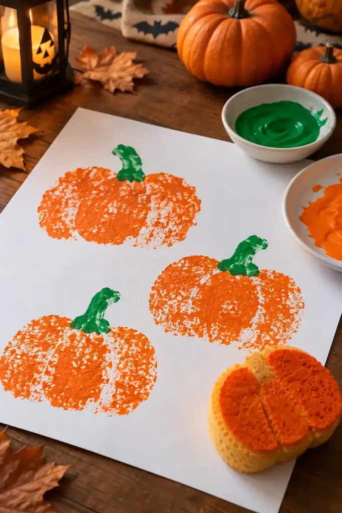 Orange sponge stamped pumpkin shapes with green fingerpaint stems on white paper