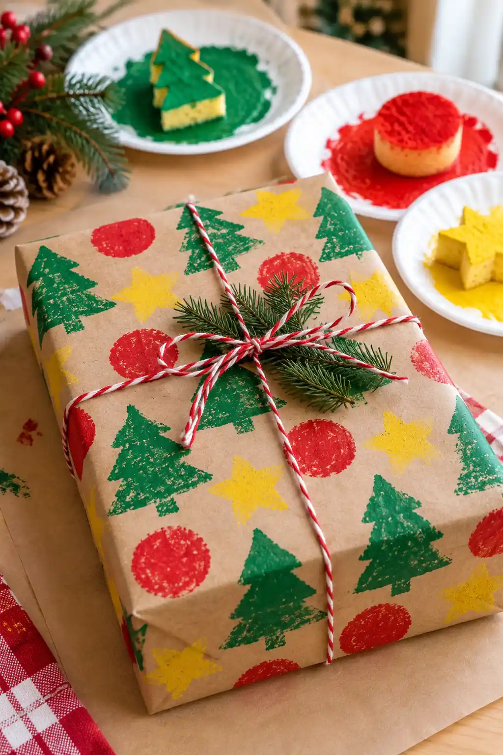 Sponge Stamped Gift Wrap Christmas crafts for preschoolers