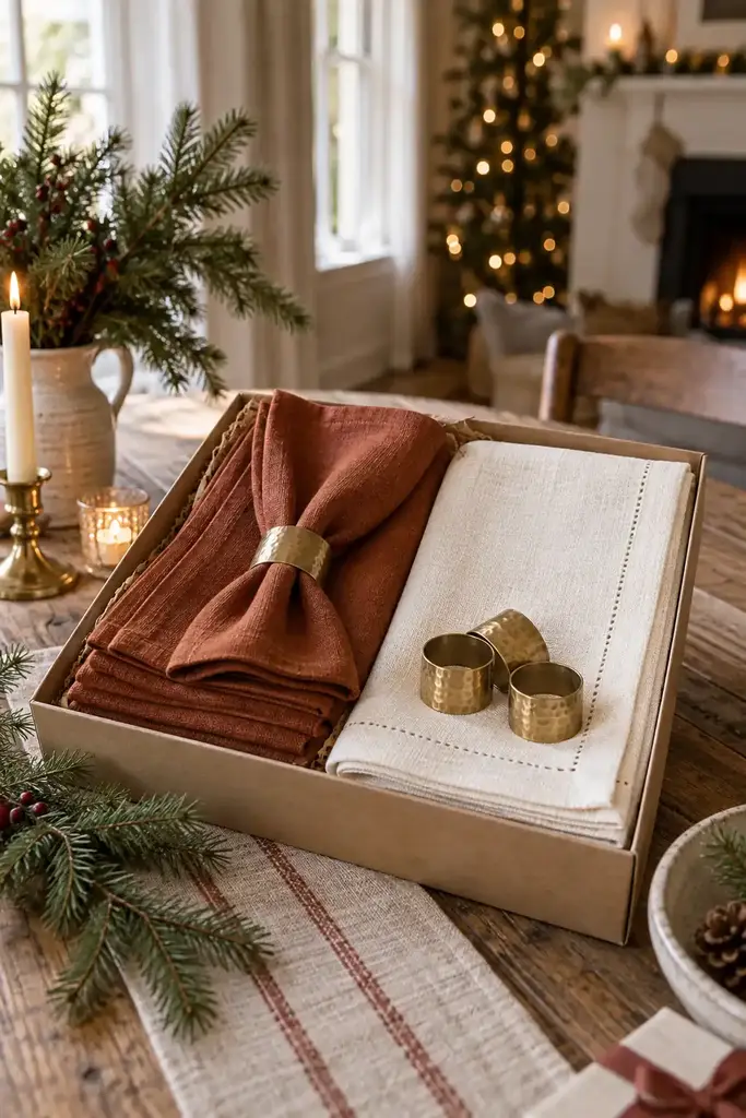 Rust linen napkins, a cream table runner and brass napkin rings in a gift box