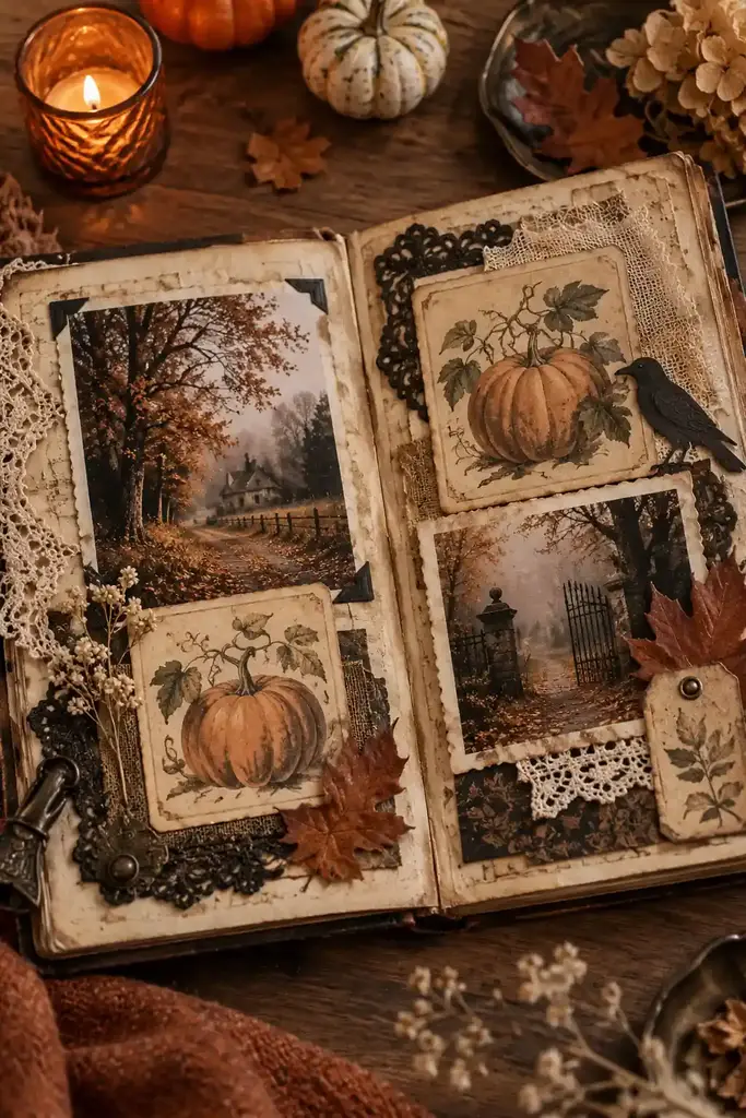 Vintage scrapbook spread with sepia autumn photos, aged paper, lace and antique pumpkin illustrations