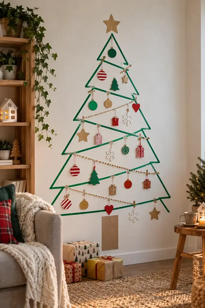 Green tape forms a stepped tree outline on a pale wall