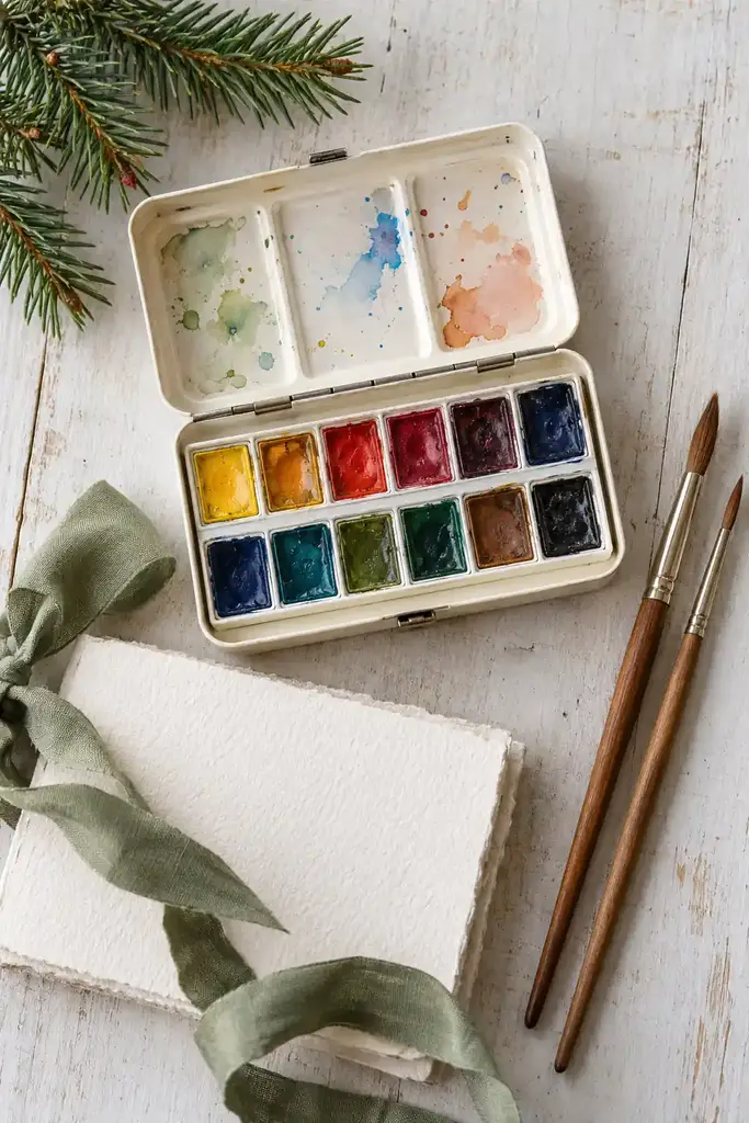 Travel watercolor tin with twelve paint pans, two wooden brushes and cold press paper tied with a sage ribbon