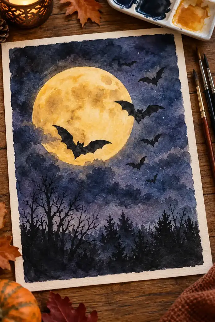 Watercolor painting of a golden full moon with black bats flying across an indigo sky