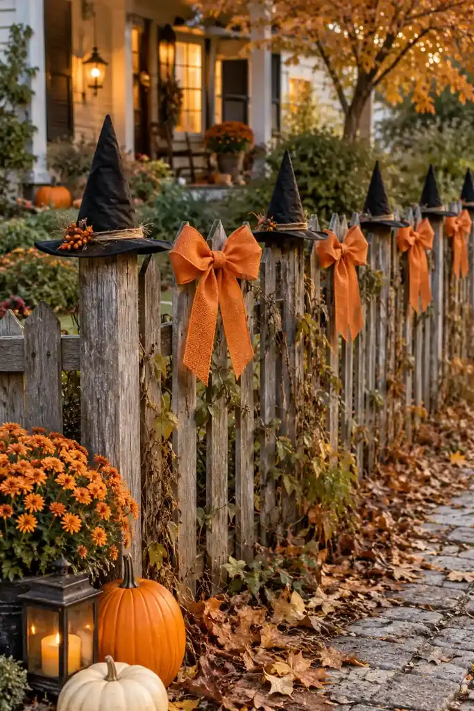 Rustic picket fence topped with black witch hats and orange bows