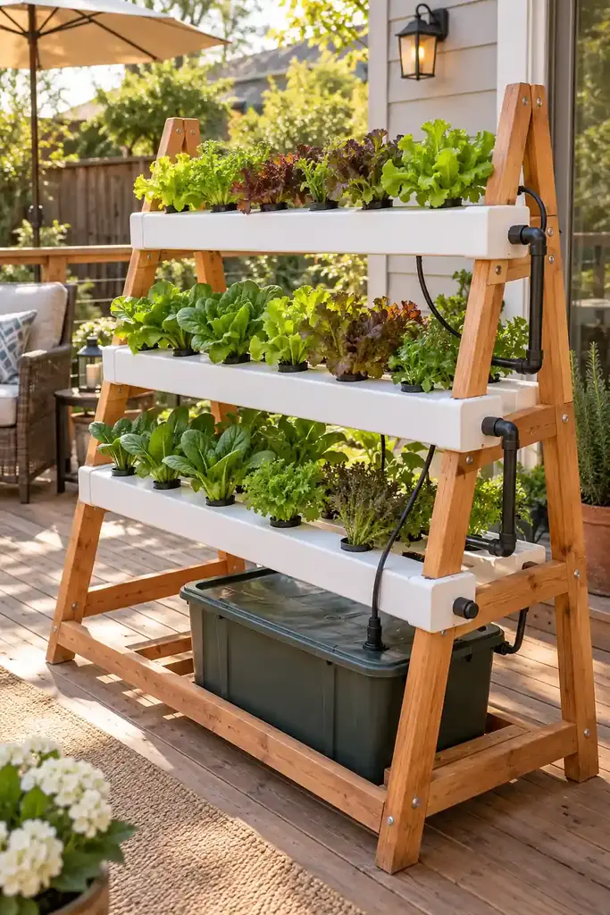 Freestanding cedar A-frame DIY hydroponic system with three levels of white grow channels full of lettuce on a backyard deck