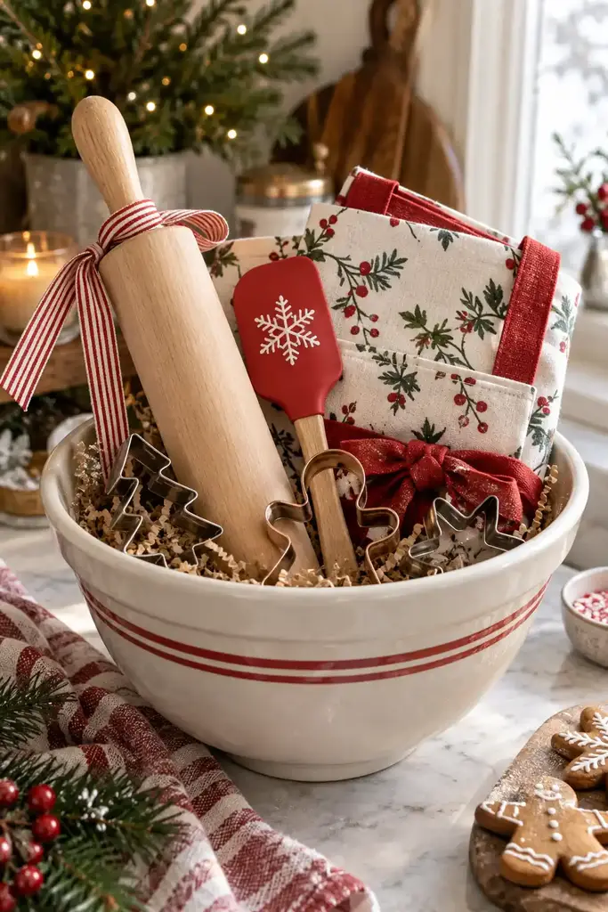 White mixing bowl filled with a rolling pin, red spatula, cookie cutters and a holly tea towel