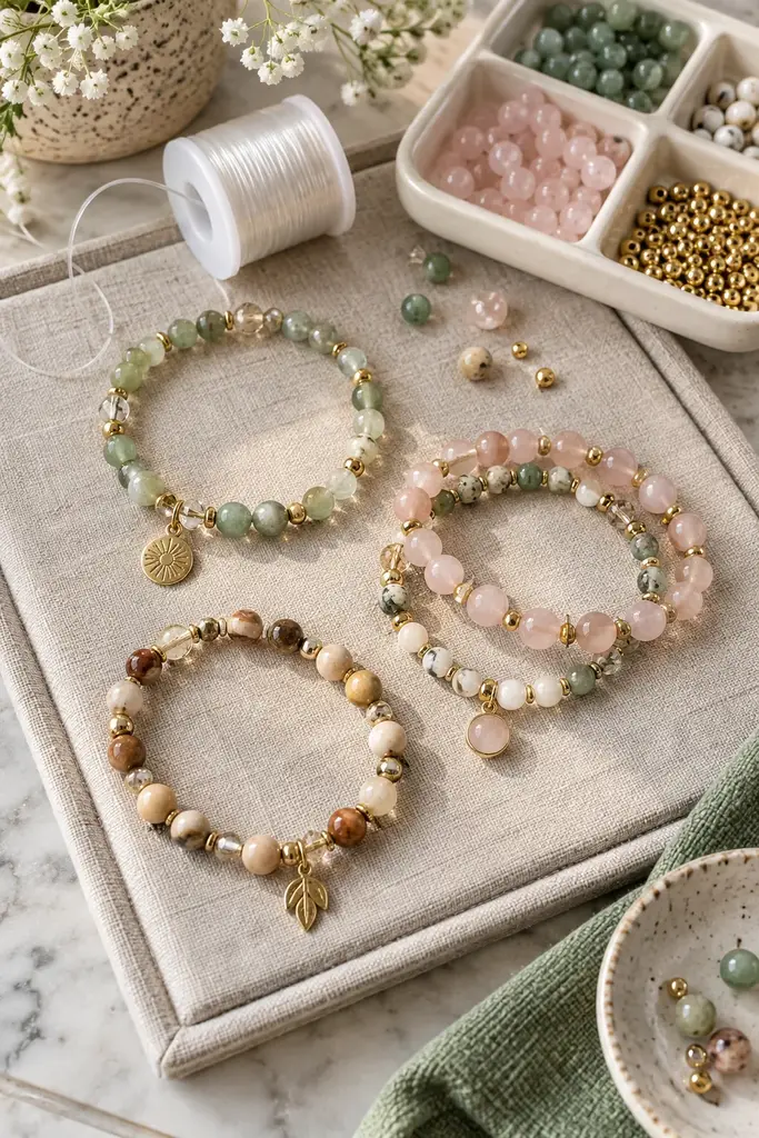Handmade beaded bracelets with glass beads, natural stone colors and gold spacers on a linen mat