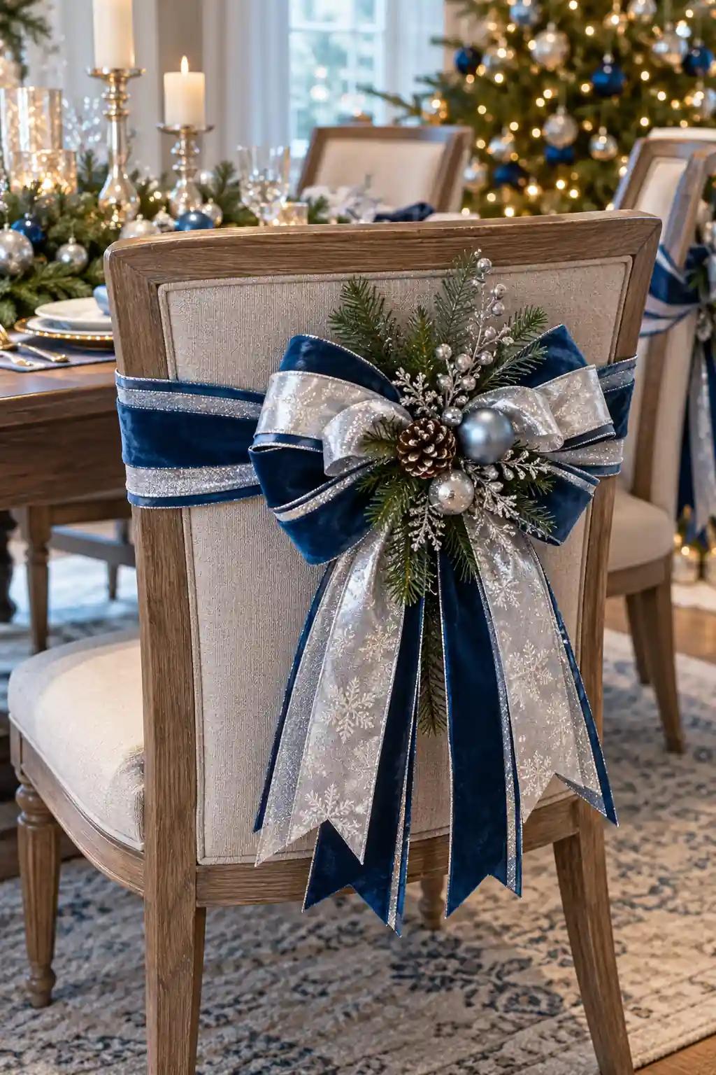 Blue and Silver Ribbon Christmas chair decoration ideas