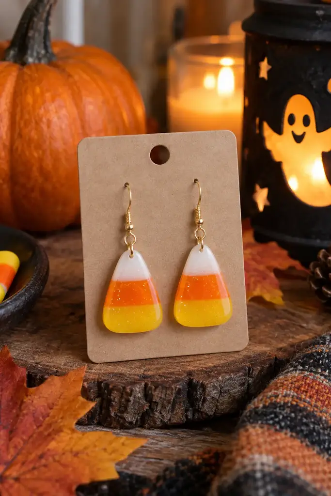 Handmade candy corn resin earrings in white, orange and yellow on a jewelry card