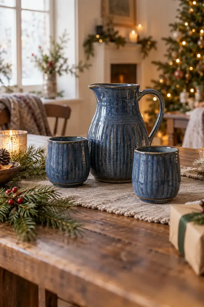 Ribbed blue ceramic pitcher with two matching tumblers on a wooden table