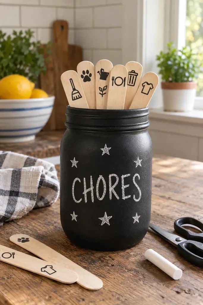 Black chalkboard painted chore jar with the word CHORES and white chalk stars in a cozy kitchen