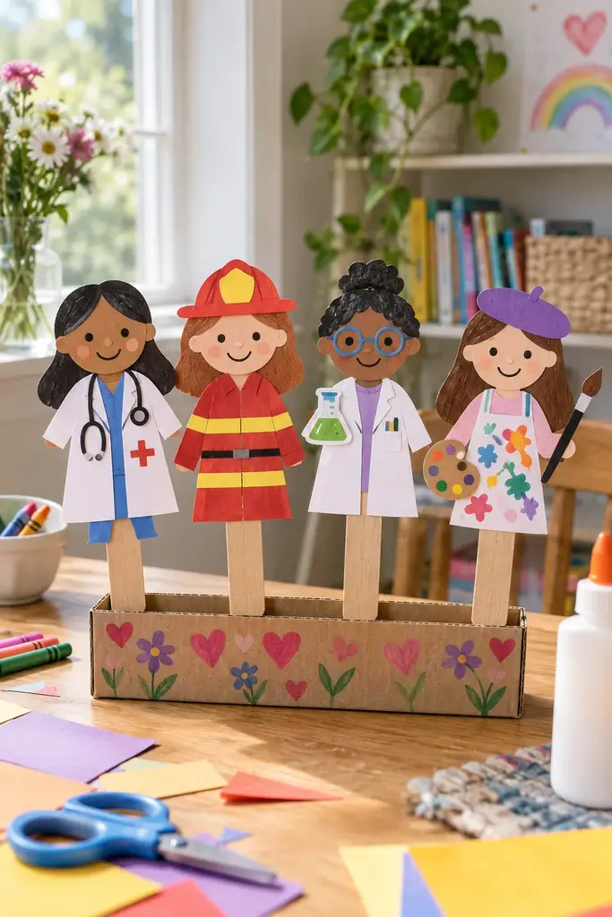 Craft stick puppets of a woman doctor, firefighter, scientist and artist in a cardboard holder